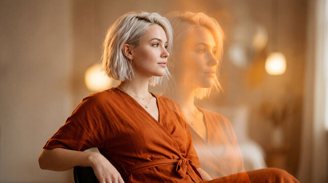 Beautiful blonde woman looking through glass with warm sun reflection