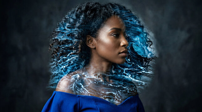Conceptual Portrait of Woman Merging with Ocean Waves