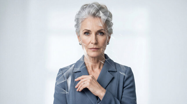Serious mature businesswoman with digital graphic face recognition overlay