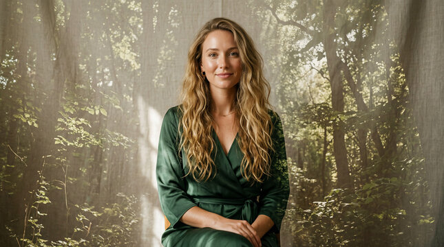 Portrait of a Professional Woman in Green Dress against Forest Backdrop