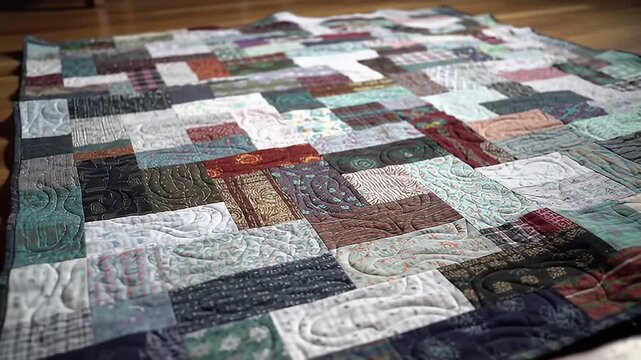 Rectangular patchwork quilt with quilting stitches on a hardwood floor, warm lighting