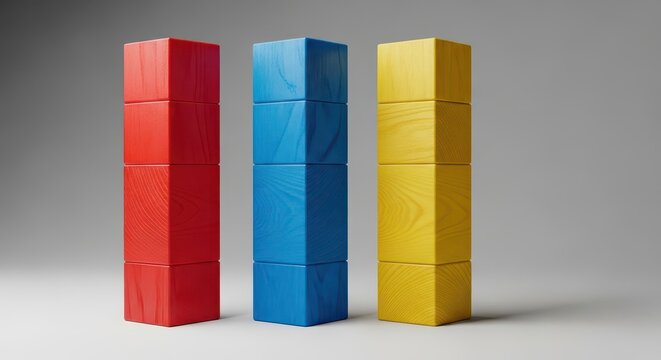 Three perfectly balanced, identical geometric stacks of wooden blocks demonstrating uniformity and equivalence in volume and height, cube, conceptual, uniformity