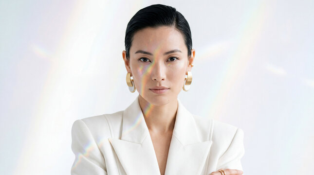 Portrait of beautiful Asian woman with artistic rainbow light on face