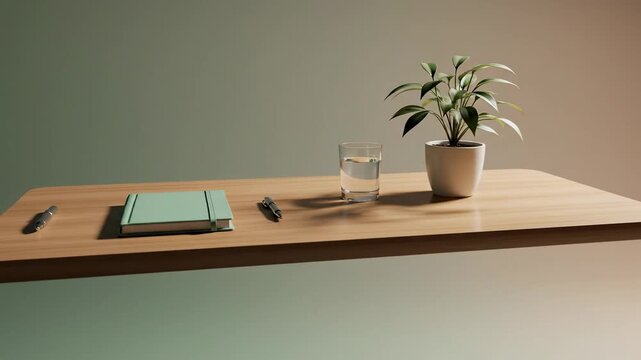 Mindful Study Ritual Concept \'97 abstract studio scene featuring a floating desk surface in a muted gradient space transitioning from pale sage to warm beige, objects arranged with intentional
