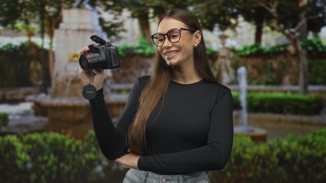 Young hispanic woman holds a dslr camera up, smiling with glasses visible beside a fountain in a park courtyard; confidence creativity.