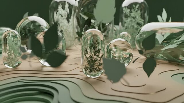Abstract Botanical Wellness Map Visualization inspired by alternative medicine traditions, stylized contour map background in soft neutral gradients with sculptural glass capsules and delicate leaf
