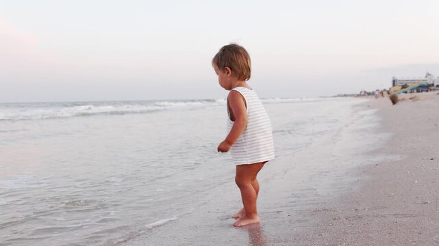 Kid collects shells and pebbles in the sea on a sandy bottom under the summer sun on a vacation