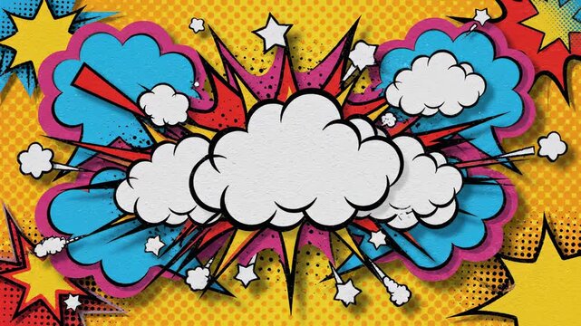 Comic Speech Bubble Set \'96 Pop art text explosion shapes, vibrant top-down composition of bold comic-style speech bubbles scattered across a bright halftone background, classic pop art color
