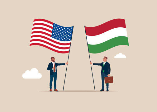 Bilateral political relations. Two flags of friendship. Businessmen united between Hungary and its friendly countries United States of America. Flat vector illustration.