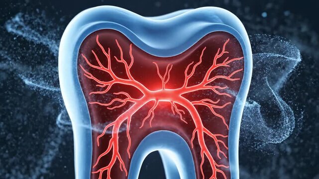 Oral Nerve Sensitivity Concept \'96 abstract medical illustration inspired by tooth anatomy, curved enamel surface partially transparent revealing glowing red neural network concentrated at the