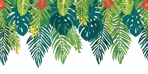 Tropical leaves and vibrant red flowers form a lush decorative border © Ratan