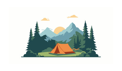 Obraz premium Scenic Mountain Camping Tent with Pine Trees and Sunrise Landscape Vector Illustration