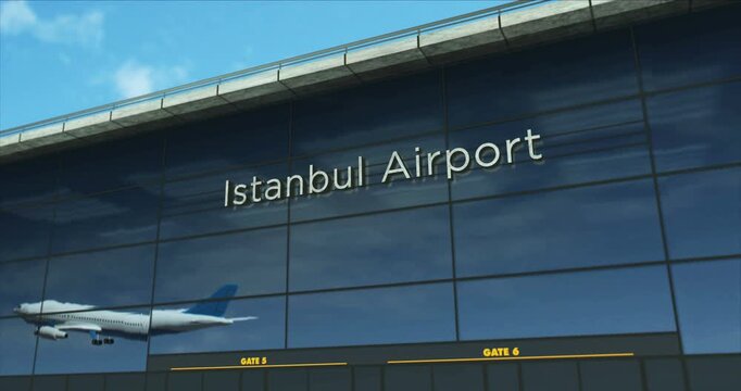 Istanbul airplane landing. Jet plane airliner travel to Turkey and terminal airport arrival.
