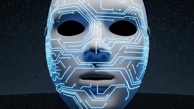 Digital Identity Mask \'96 anonymous face privacy theme, dark minimalist studio with a smooth matte white featureless mask floating slightly above a reflective black surface, thin glowing blue