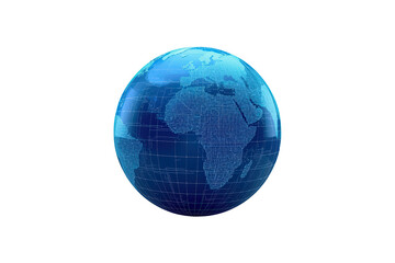 Digital blue globe displaying global network and technology connecting continents on a transparent background