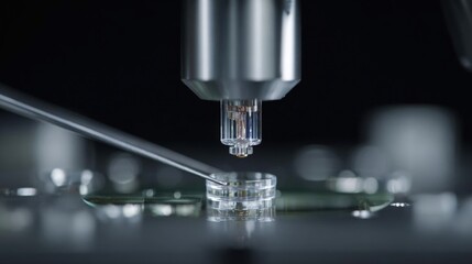 Close-up of a metallic object, which appears to be a part of a machine or a laboratory setting. the object is a cylindrical shape with a pointed end and a small opening at the bottom.