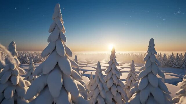 Abstract Winter Forest Landscape inspired by snow-covered woodland, simplified white treetop forms creating organic geometric patterns across the frame, low sun glowing through translucent frosty