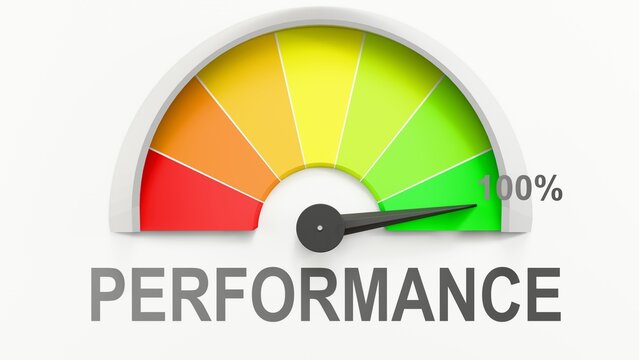 Performance meter showing high values of performance. Increasing and rising performance, reaching full, off the charts. Max performance. No AI, made by humans for humans. ,3d illustration