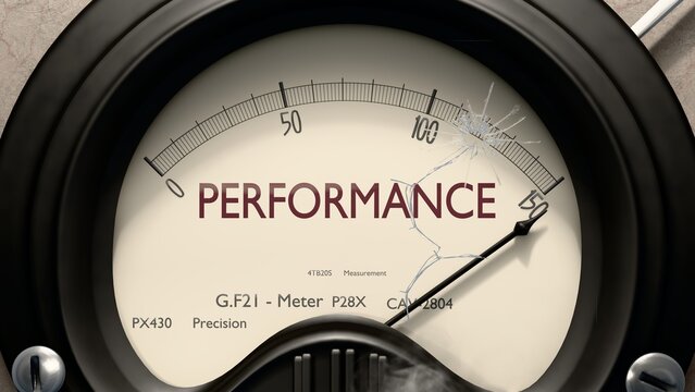 Performance meter showing high levels of performance. Dangerously increasing values of performance, critical overload. Too much, off the charts. Max performance ,3d illustration