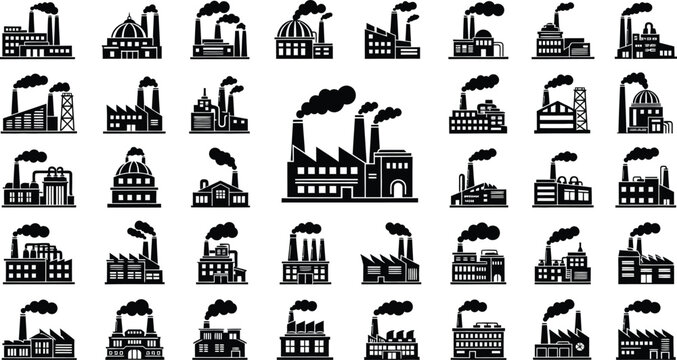 Industrial, factory, manufacturing, plant, industry, production, refinery, power, energy, buildings, silhouette, icons, set, infrastructure, engineering, equipment, vector, collection, industry, facil