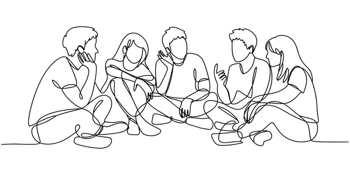 Group of young people sitting on ground together and talking. Friends rest and communicate. Continuous line art drawing stylem, Friends Group Continuous One Line Drawing. People Talking Minimalistic.