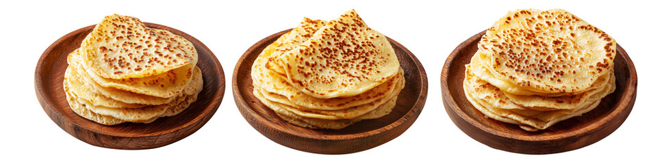 Cachapas sweet corn pancakes on wooden plate, isolated on white background, concept of South American cuisine