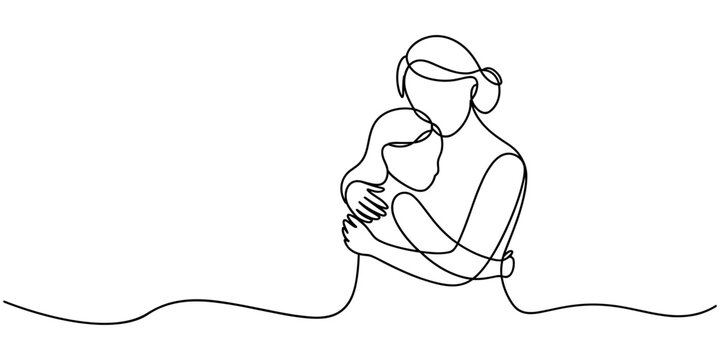 Continuous one line drawing of mom and little daughter hugging each other tightly, bond between mother and daughter, happy parenting concept, single line art
