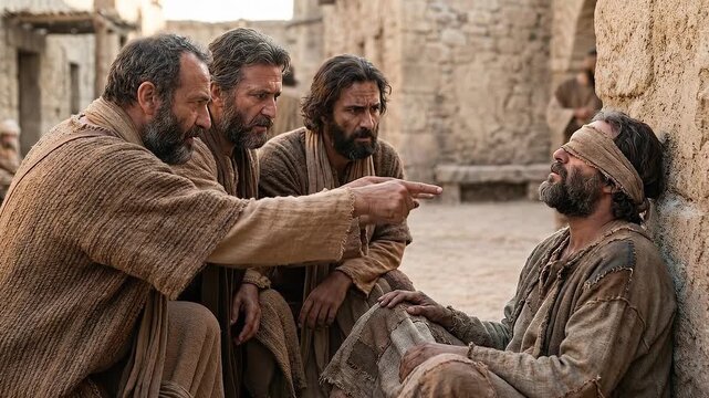 Jesus's disciples pointing questioningly at a blind beggar in rags.