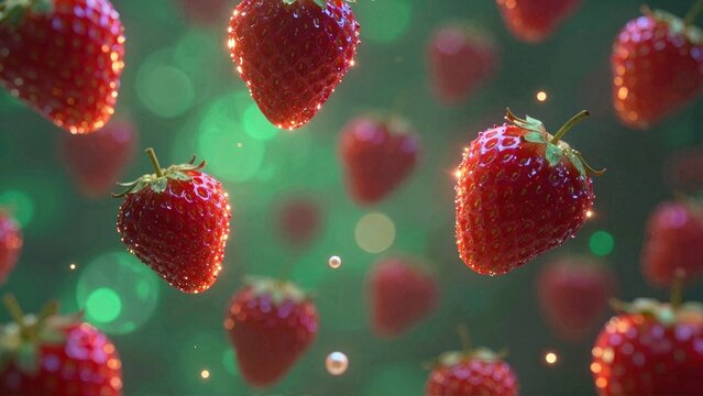Strawberries floating in a green bubble bath with sparkles