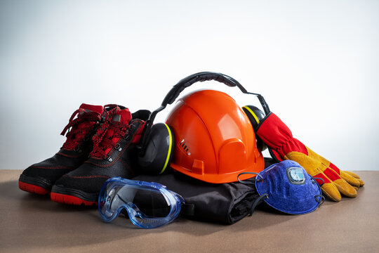  Job safety concept. Various Industrial safety equipment.