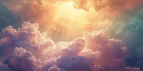 Dramatic white clouds drift across a beautiful blue summer sky as bright sunlight pierces through the atmosphere for a scenic nature cloudscape © Asad Shehbaz