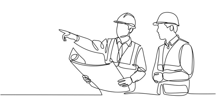 Single continuous line drawing of young construction manager giving instruction to builder coordinator at site meeting. Building architecture business concept. One line draw design vector