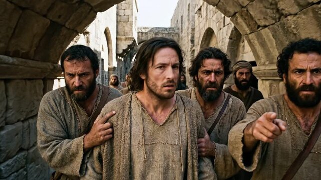 Healed man being led by debating neighbors toward the Pharisees.