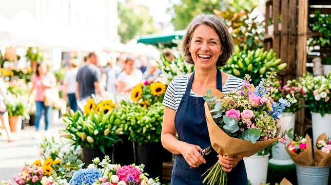 Smiling female florist holding a colorful bouquet at an outdoor flower market. Middle aged woman working at a flower stall. Small business owner concept