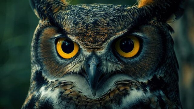 Extreme close up of a majestic owl with intense yellow eyes staring directly into the camera
