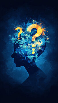 Head silhouette question mark abstract brain blue flame orange fire mental mystery creative thinking surreal art imagination psychology concept head silhouette with question mark and abstract
