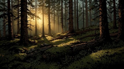 Warm Morning Light in Deep Pine Forest Landscape