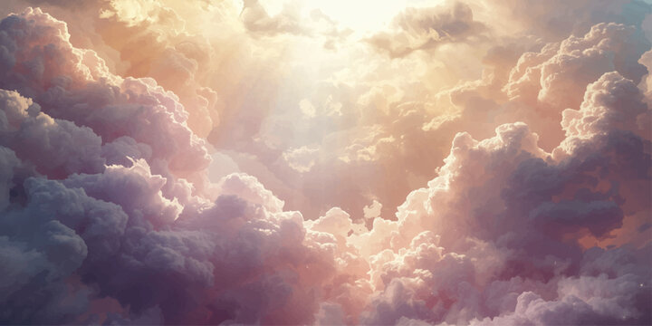 Dramatic white clouds drift over a beautiful blue city skyline as bright sunlight breaks through a dark storm to create a colorful nature cloudscape across the atmospheric heaven at sunset