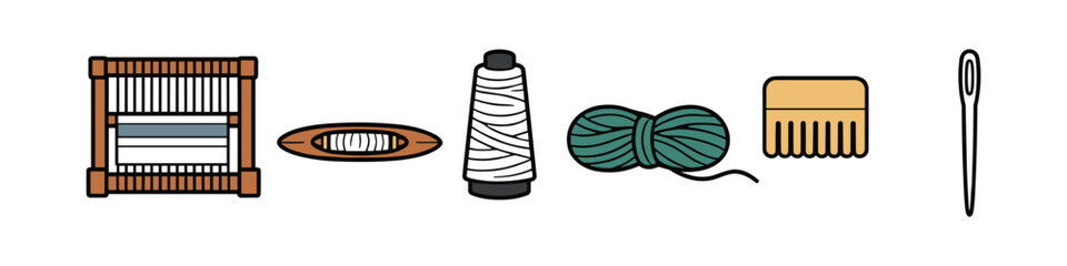 Fototapeta premium Collection of weaving and sewing tools including a loom, shuttle, thread, yarn, reed, and needle