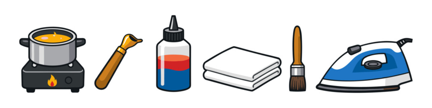 Batik art supplies including wax, dyes, brushes, and iron for fabric painting