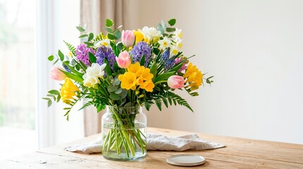 Mixed spring flower bouquet in a glass vase on a wooden table. Colorful arrangement with freesia, tulips and hyacinths. Home interior decoration © Xenia