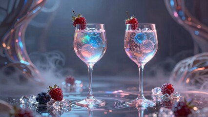Obraz premium Two glasses of sparkling water with red berries on top
