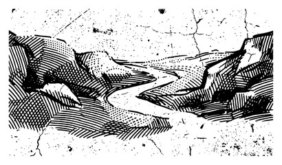 Vintage hand drawn sketch of a winding river valley through rocky mountains with grunge texture © Amelia