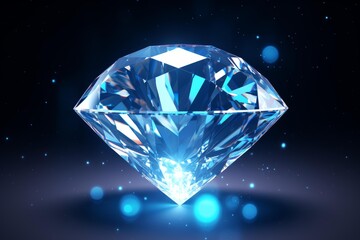 Diamond gem sparkling with facets and reflecting bright blue light on a dark background