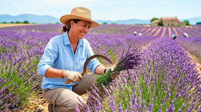 Smiling woman harvesting lavender with a traditional sickle in a purple field. Professional farmer gathering aromatic herbs. Provence style agriculture
