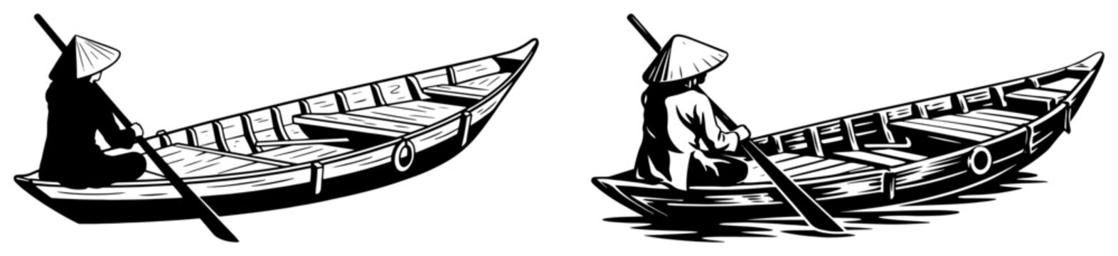 Hand drawn sketch of a traditional person rowing a wooden boat wearing a conical hat