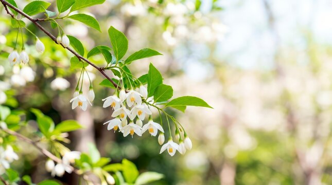 Japanese snowbell flowers on a branch in bright daylight. Styrax japonicus white blossoms with green leaves. Spring nature background