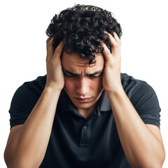 Young man with curly hair holding his head in despair isolated on transparent background