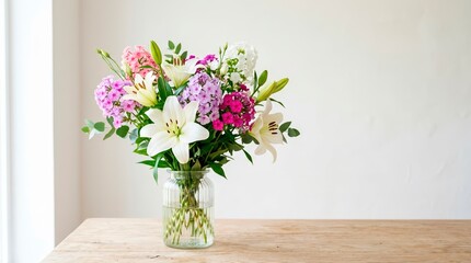 Fototapeta premium White lilies and pink phlox flowers in a ribbed glass vase. Floral bouquet on a wooden table against a white wall. Elegant home decor arrangement