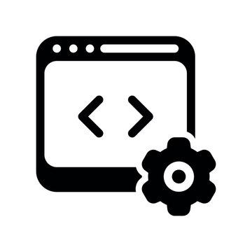 Browser window with code brackets and gear